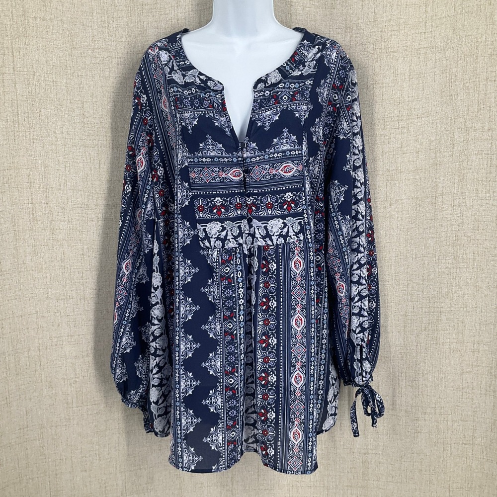 Liz Claiborne Blouse Womens 3X Navy Boho Medallion Floral Tie Sleeve Lightweight